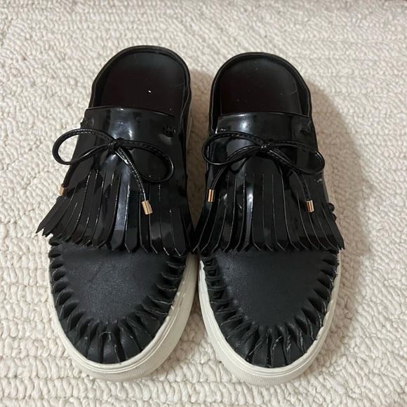 J/Slides Black Leather Amora Fringe Mules 8.5 - Picture 1 of 4